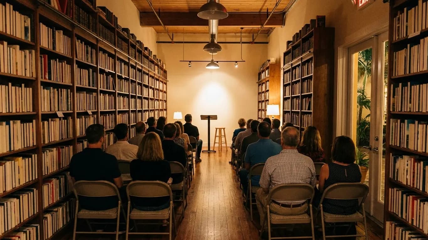 An evening author event in a Coral Gables bookshop, folding chairs filling the aisle between dark wood shelves with a lit lectern at the end