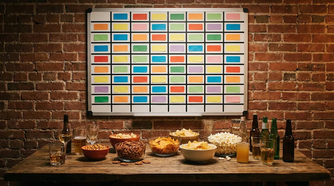A fantasy draft board with colorful blank stickers on a wall above a table with snacks and drinks