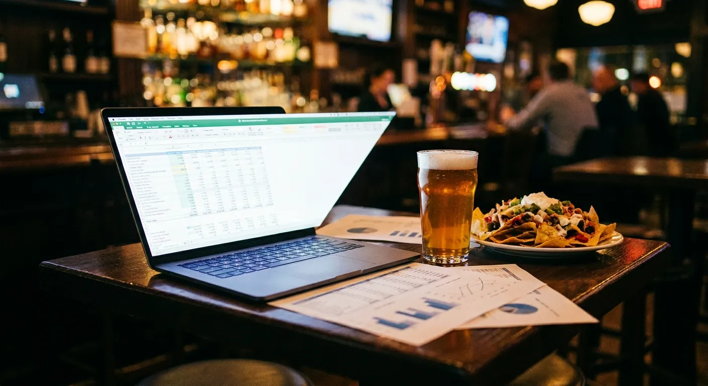 Laptop and draft rankings sheets on a bar table with beer and nachos at night