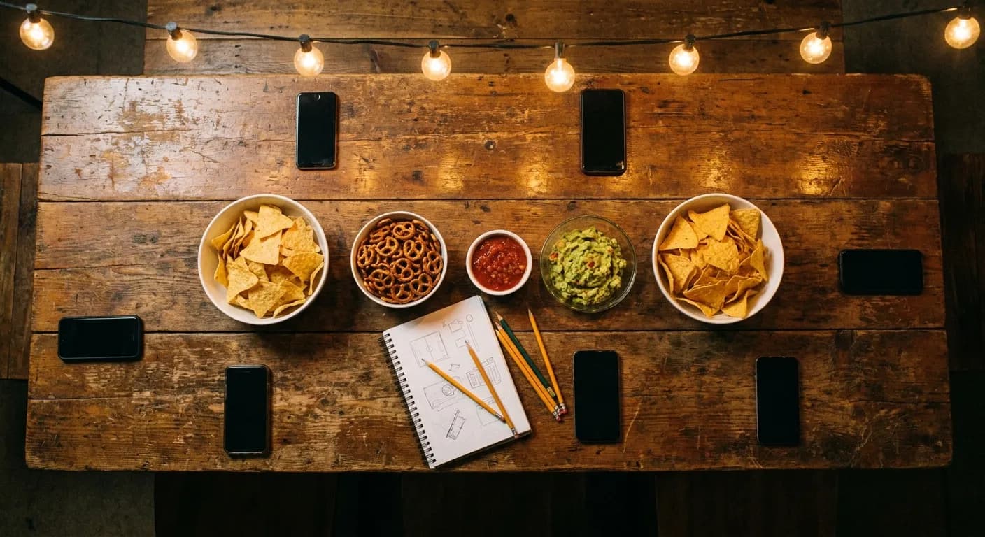 Friends' table from above with draft snacks, phones and a notepad under warm string lights