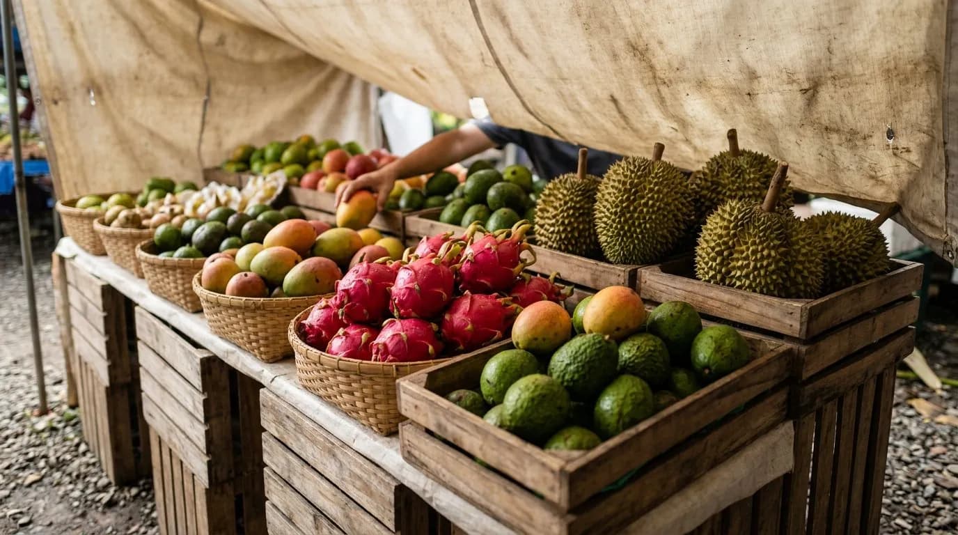 Tropical fruit and jars of honey arranged on a wooden market table outdoors