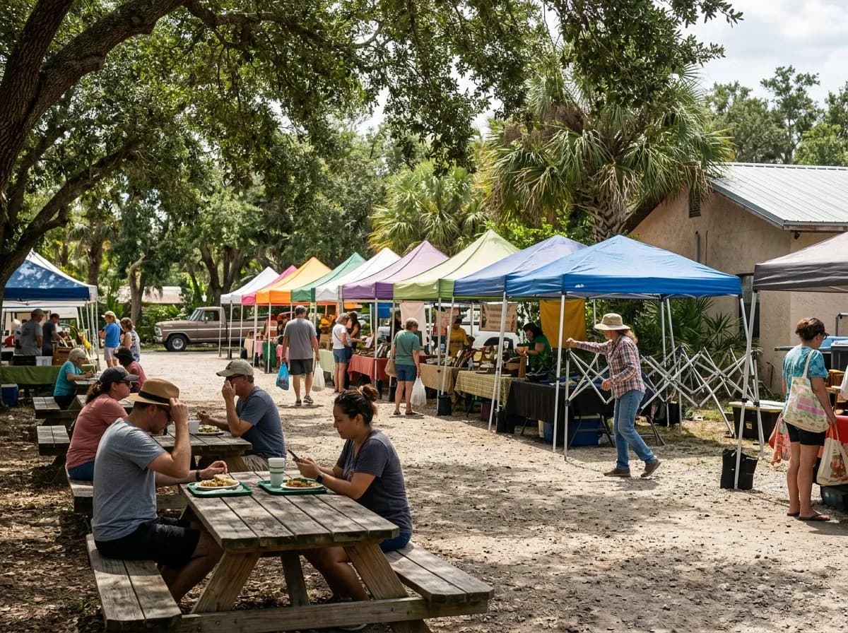 Wooden picnic tables under trees beside a gravel market lot