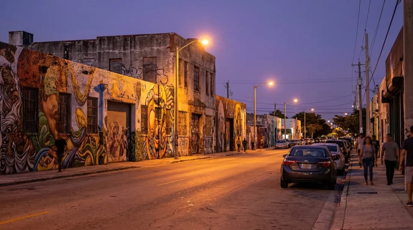 North Miami Avenue in Wynwood at dusk with colorful murals and street parking