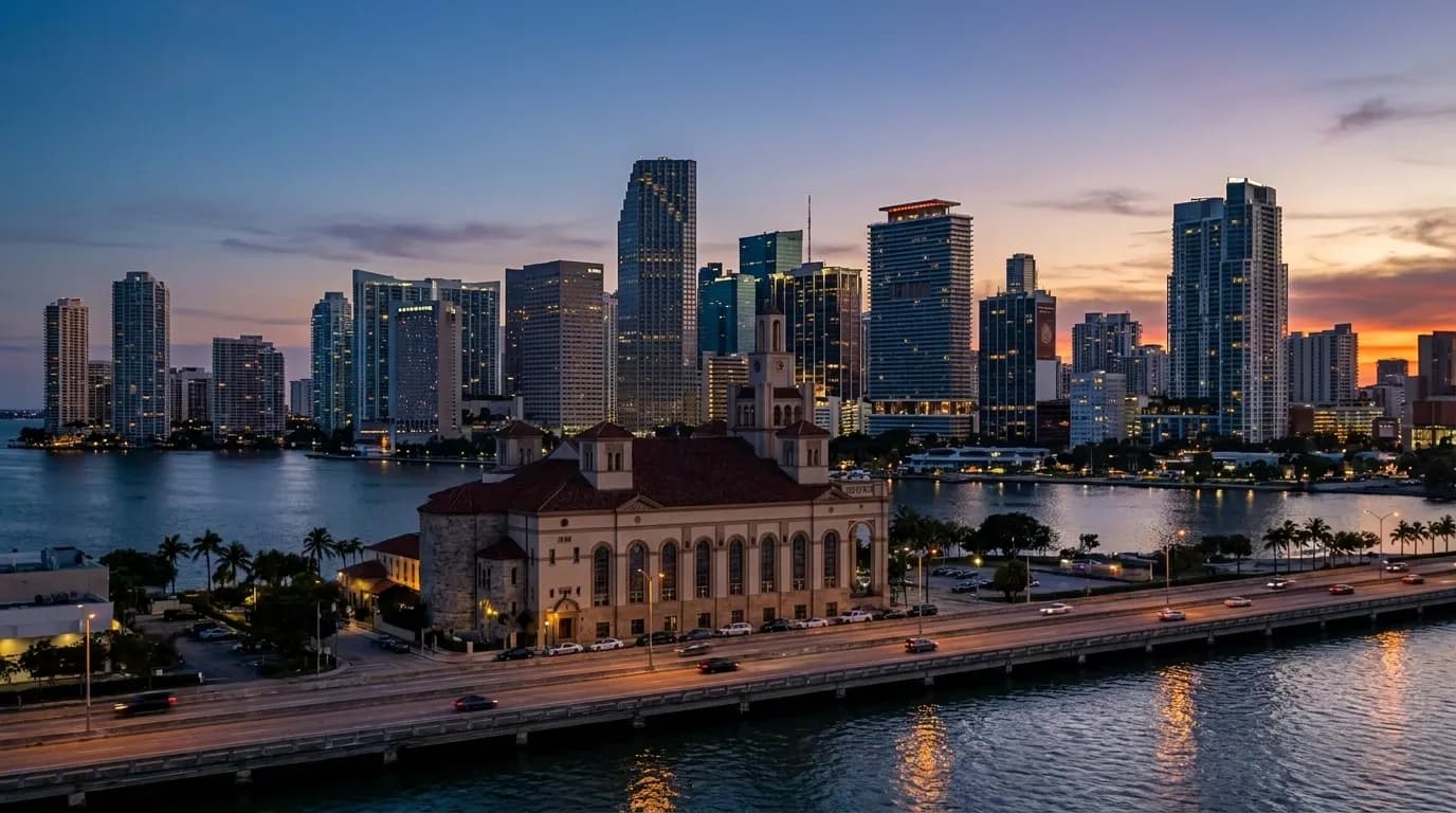 Downtown Miami skyline viewed from MacArthur Causeway at dusk with bay in foreground