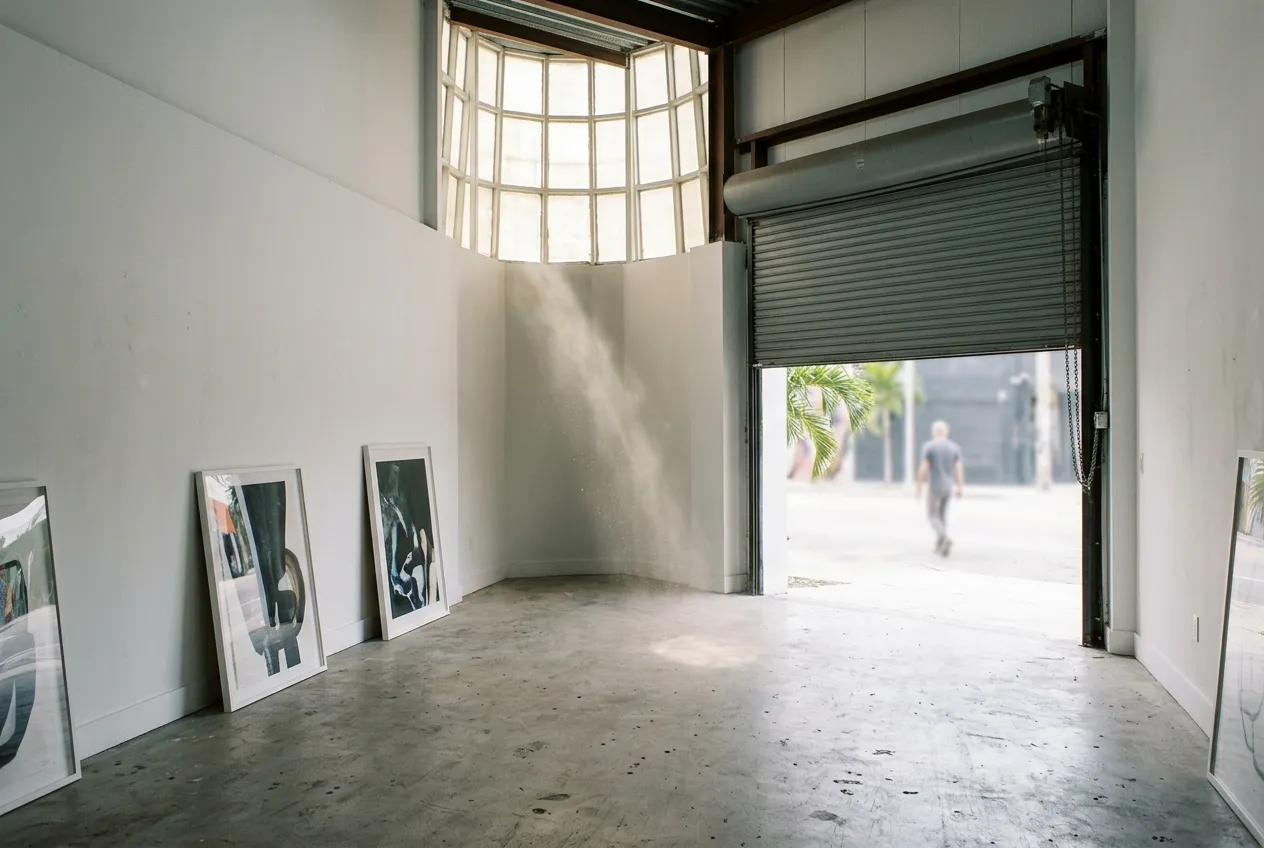 Close interior view of a small Wynwood gallery space with a wide open door and afternoon light on a concrete floor