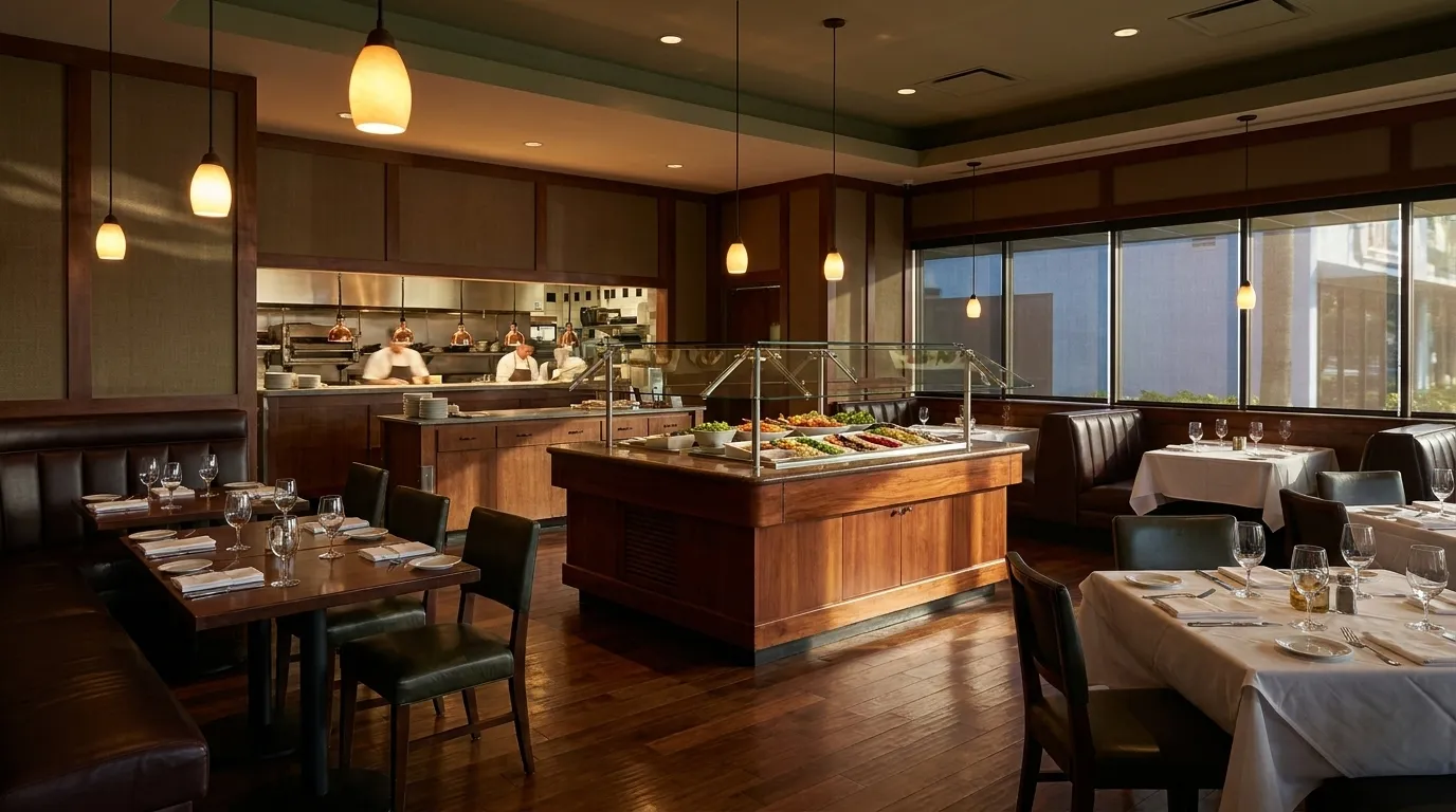 Upscale steakhouse dining room in Brickell with dark wood tables, white linens, and pendant lighting over banquettes