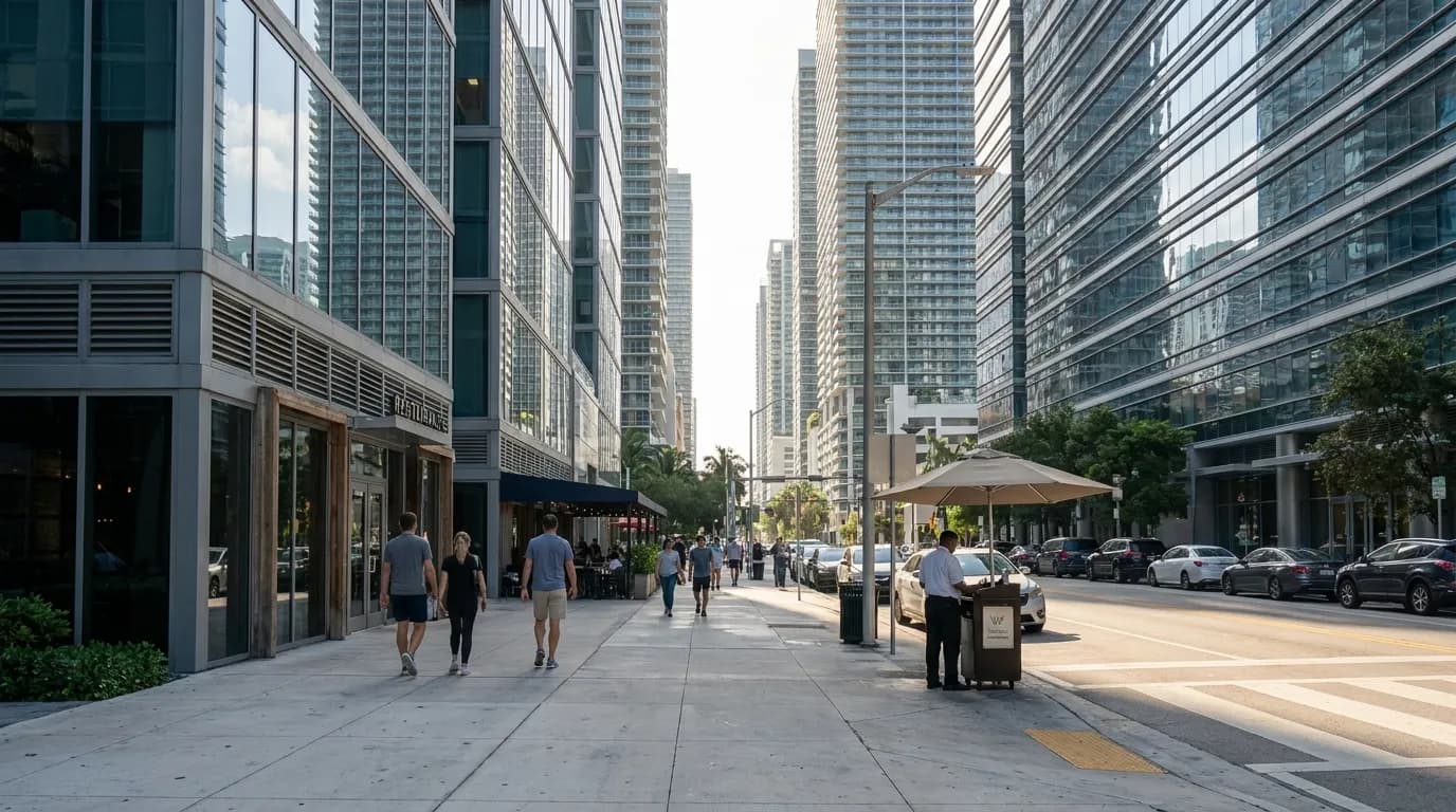 South Miami Avenue in Brickell with glass towers, wide sidewalks, and valet station under awning