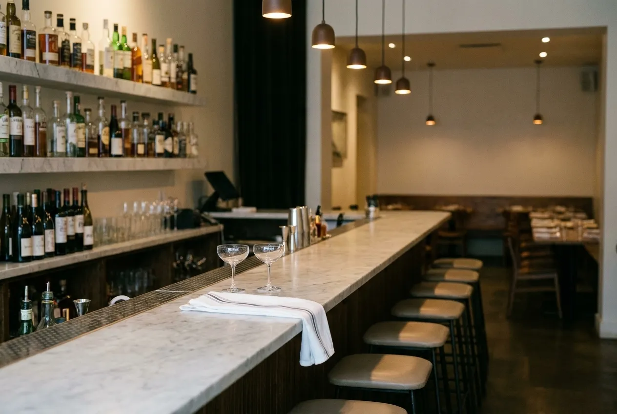 A small marble bar with stools, bottles behind it and a bartender pouring, warm low lighting