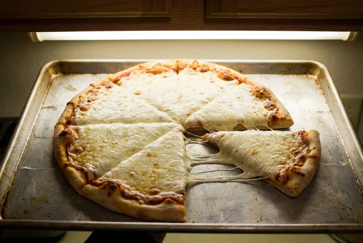 A sliced pizza with a thick layer of melted cheese on a metal tray
