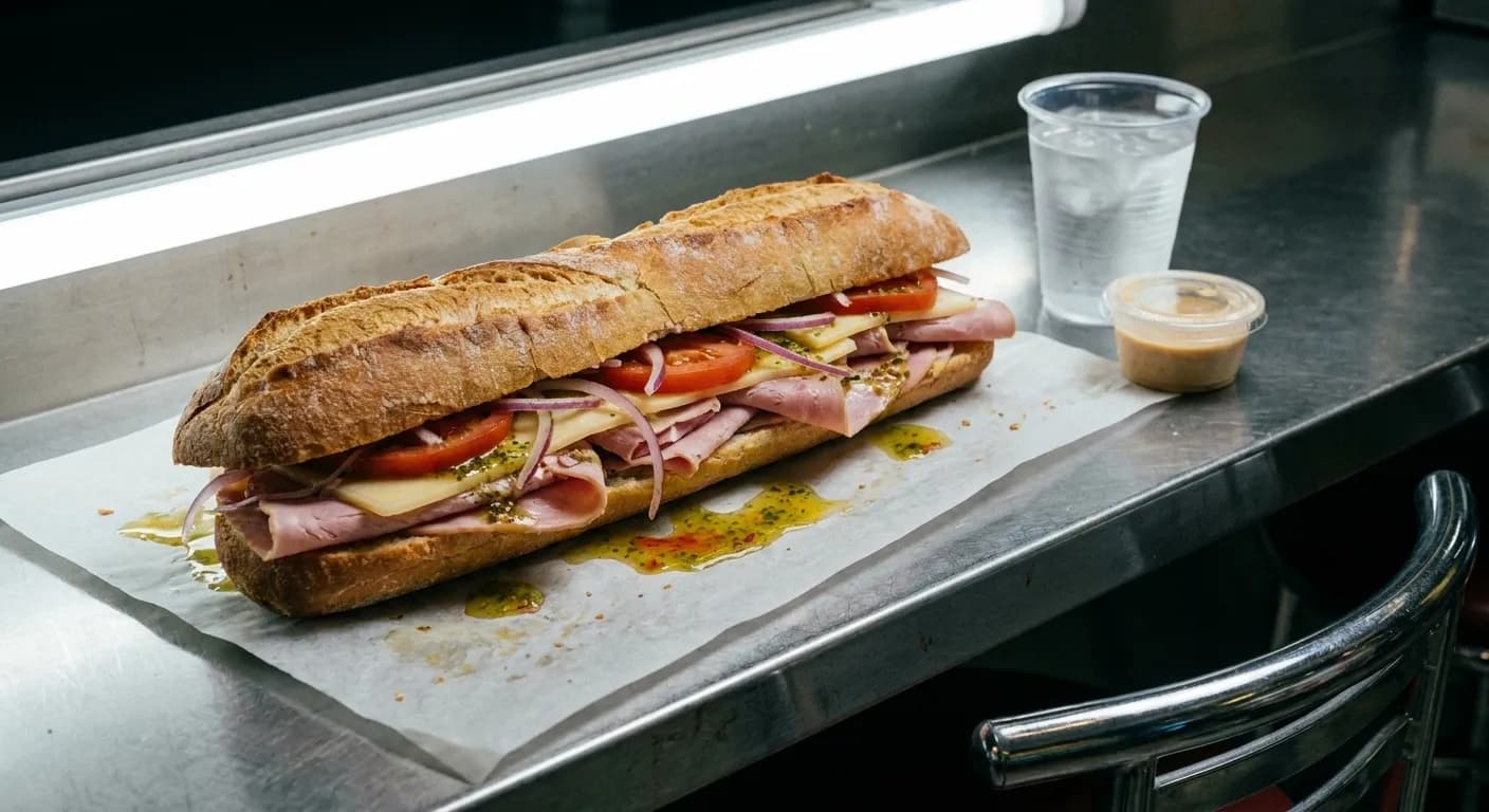 A French-style baguette sandwich with ham, gruyere and tomato on paper on a stainless steel counter under hard fluorescent light, with a cup of iced water and a tub of sauce beside it