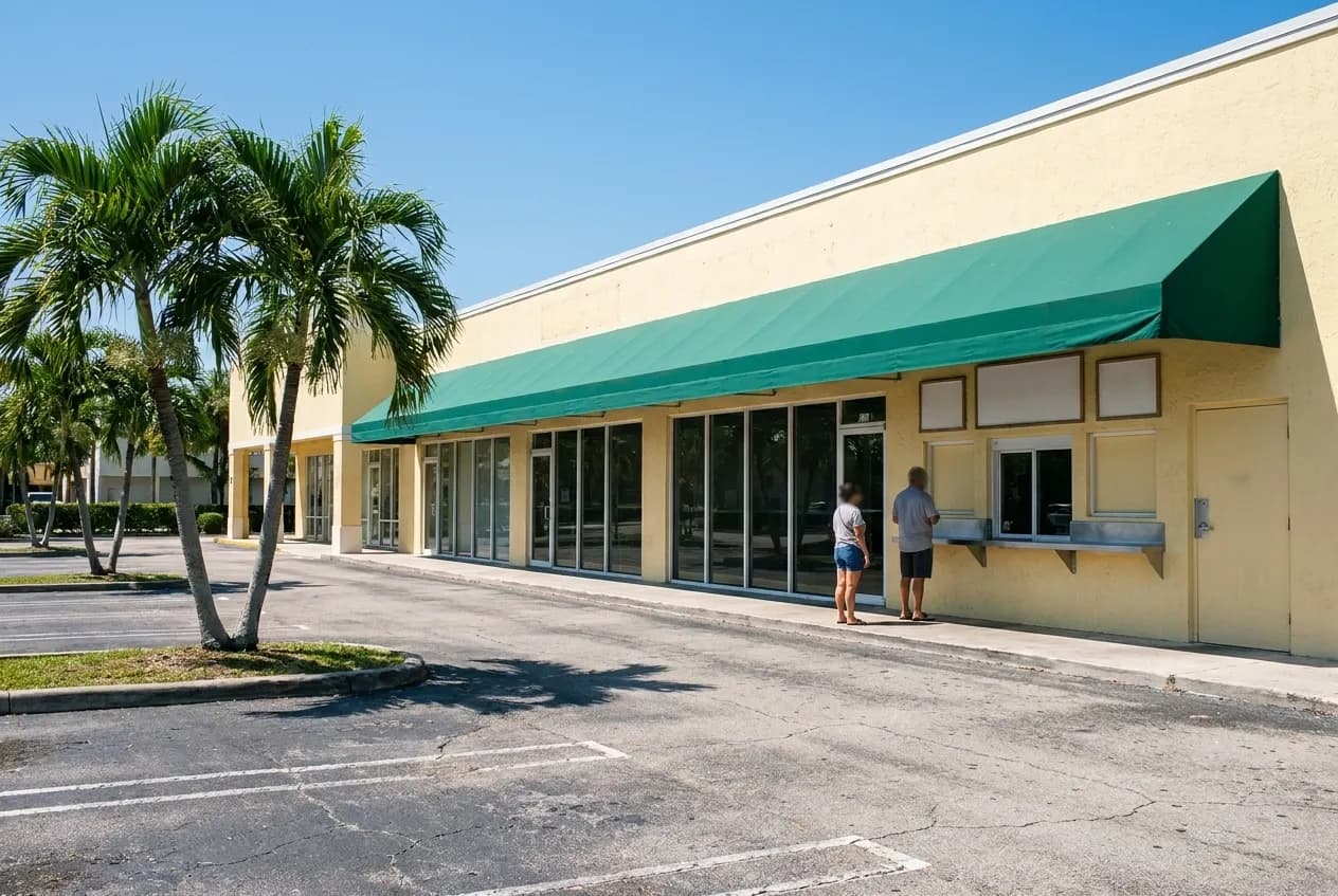 A pale yellow Miami strip-mall lunch counter at midday, a walk-up window under a green awning with two people waiting in the shade