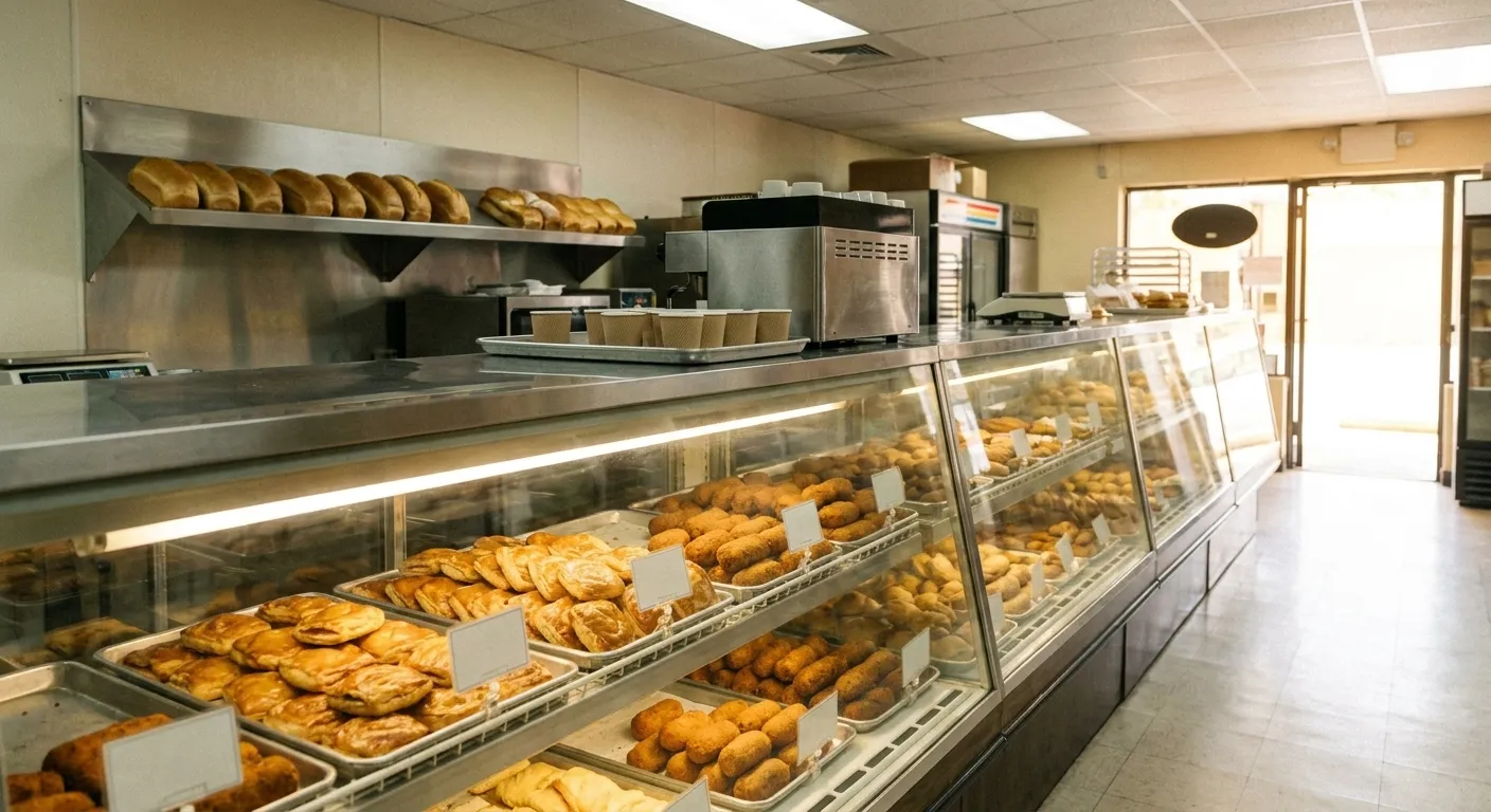 A Cuban bakery counter in Miami mid-morning, a glass case of guava pastelitos and croquettes with an espresso machine on the counter