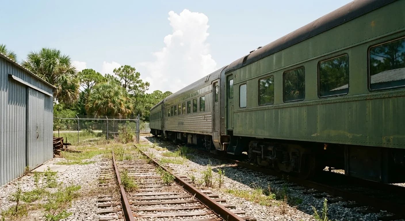 Heritage passenger rail carriages standing on rusted track at a South Florida railroad museum yard under bright humid sunlight