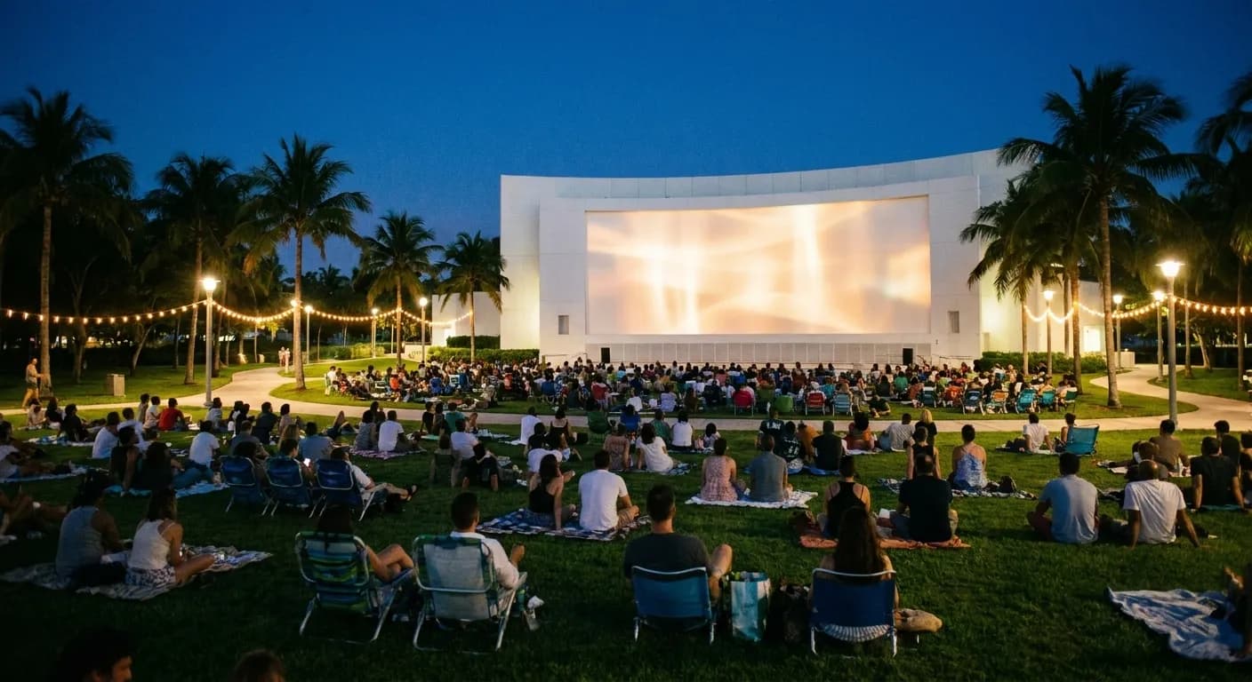 A warm evening in a Miami Beach park, an audience spread across the lawn on blankets and folding chairs facing a large glowing projection wall on a curved white building framed by palms