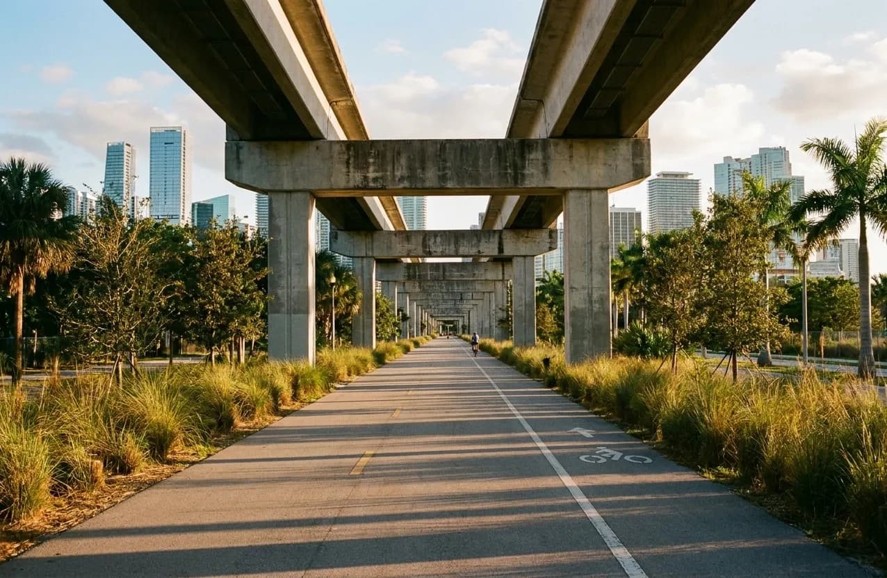 A linear park beneath an elevated concrete rail guideway in Miami at golden hour, its paved path and cycle lane striped with shade from the structure above and Brickell's glass towers rising behind