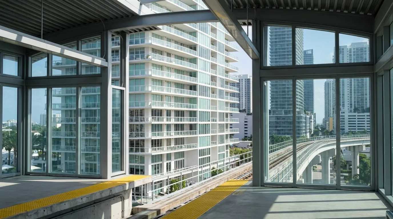 Brickell Metromover station platform with elevated track and downtown Miami skyline visible through glass walls