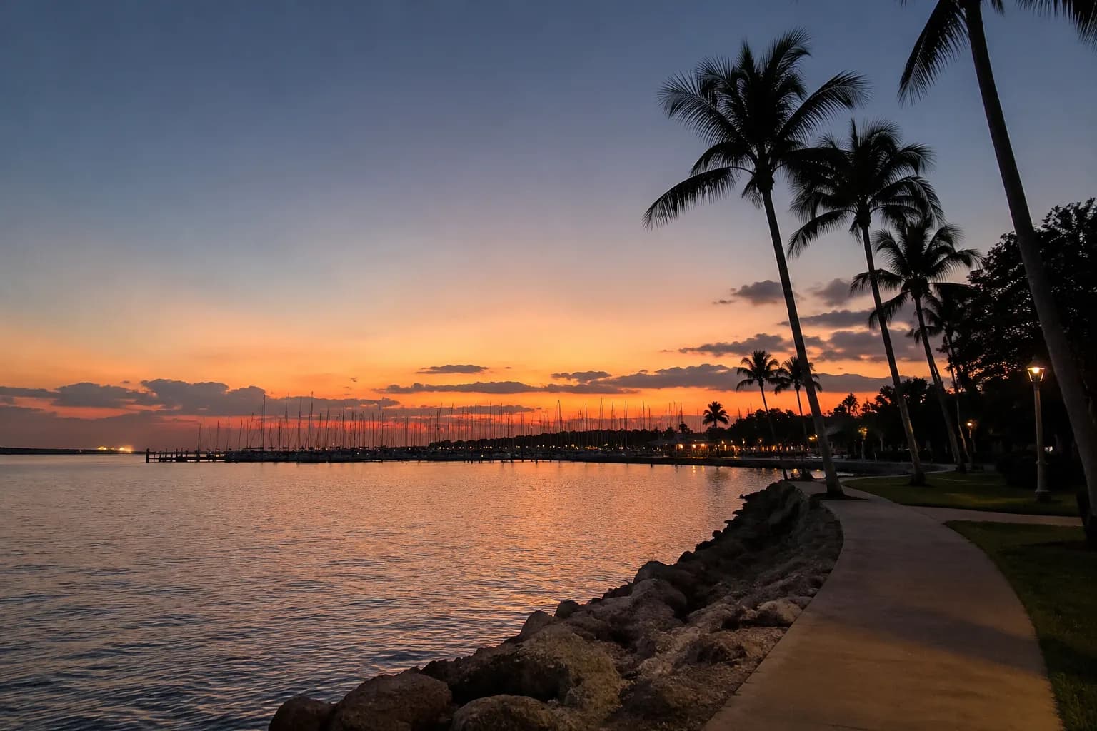 Evening view of Biscayne Bay from Coconut Grove waterfront with marina and palm trees at sunset