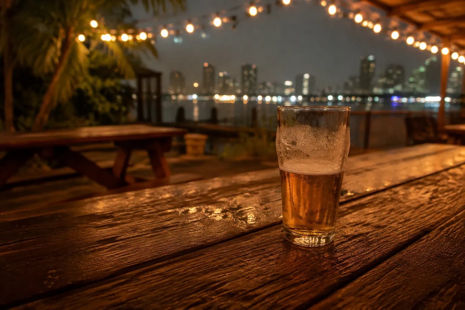 Close-up of wooden picnic table at outdoor Miami bar with string lights and beer glass