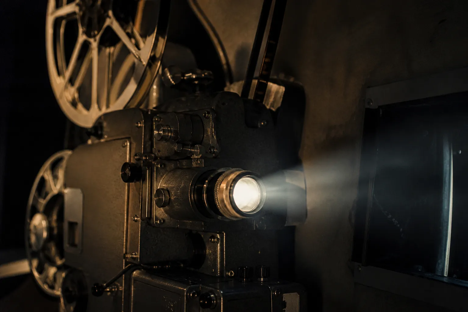 A vintage film projector running in a dark projection room with light beaming from the lens