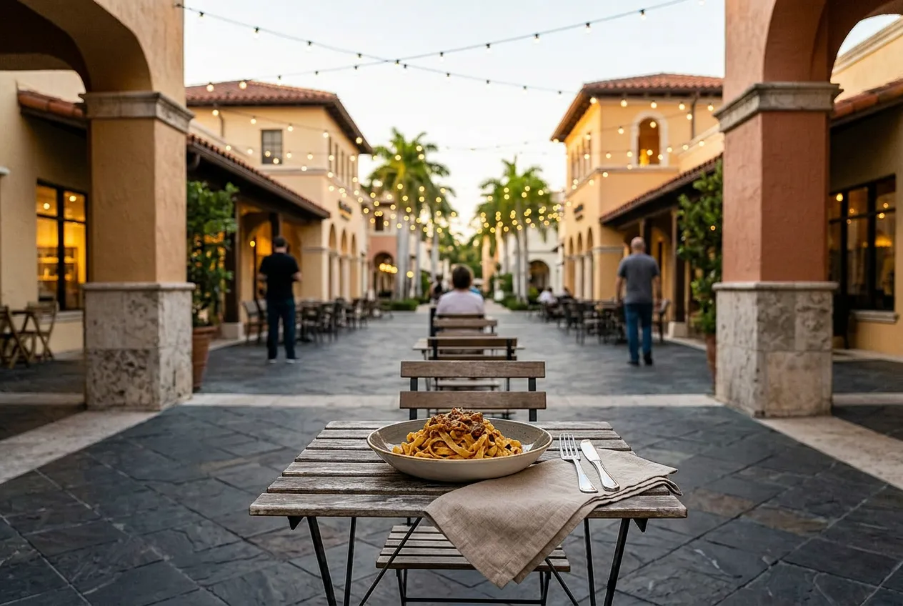 Outdoor pasta dish on a table along a pedestrian plaza in Coral Gables, Miami, with slate paving and string lighting.
