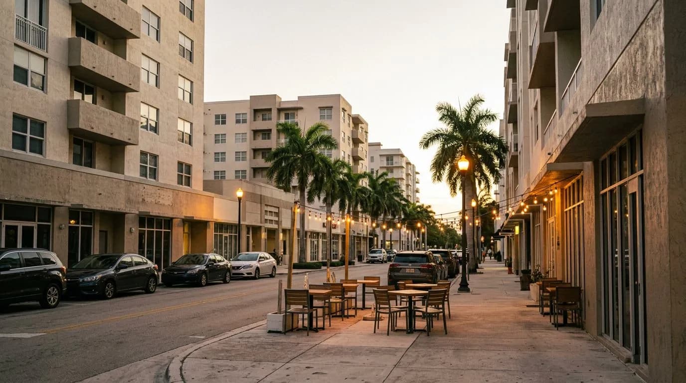 Midtown Miami street at dusk with a sidewalk restaurant patio beneath residential towers