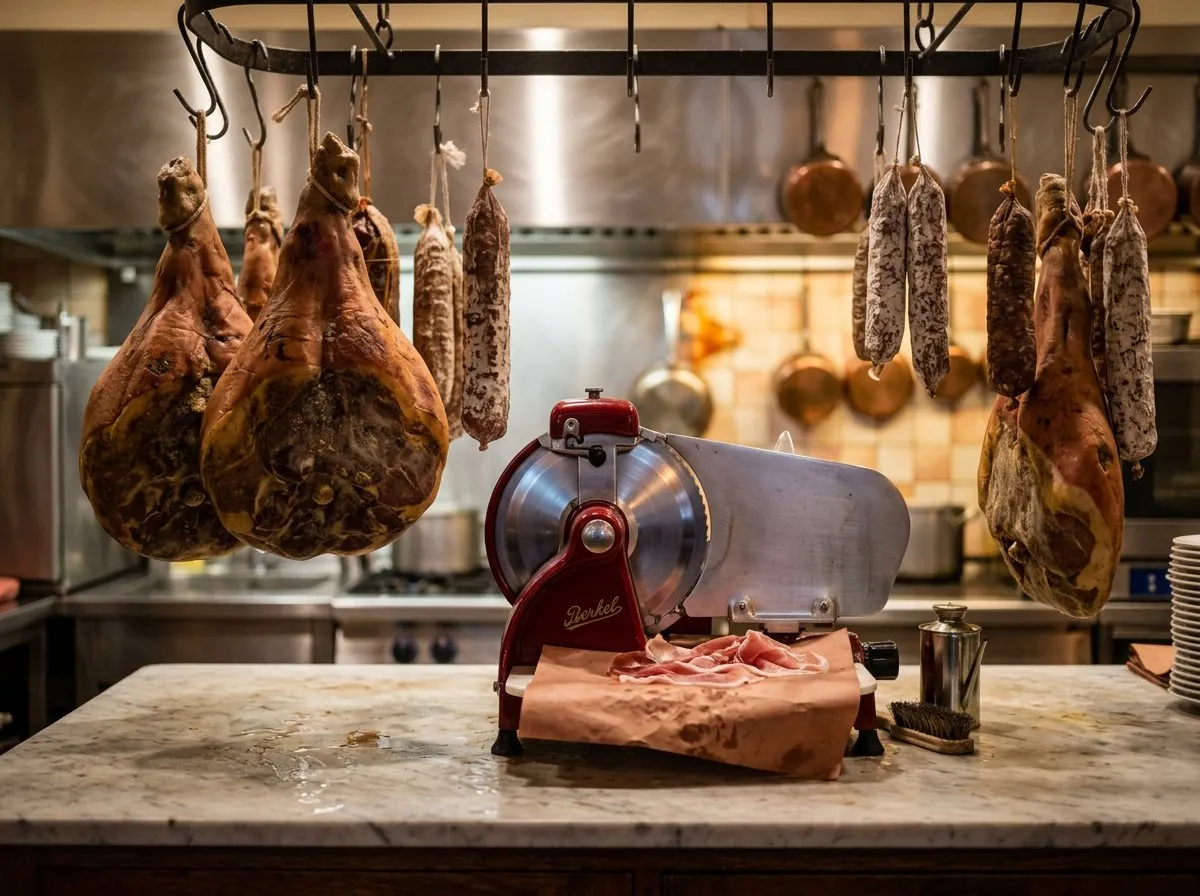 Cured meats hanging above a counter with a manual slicer inside an Italian trattoria