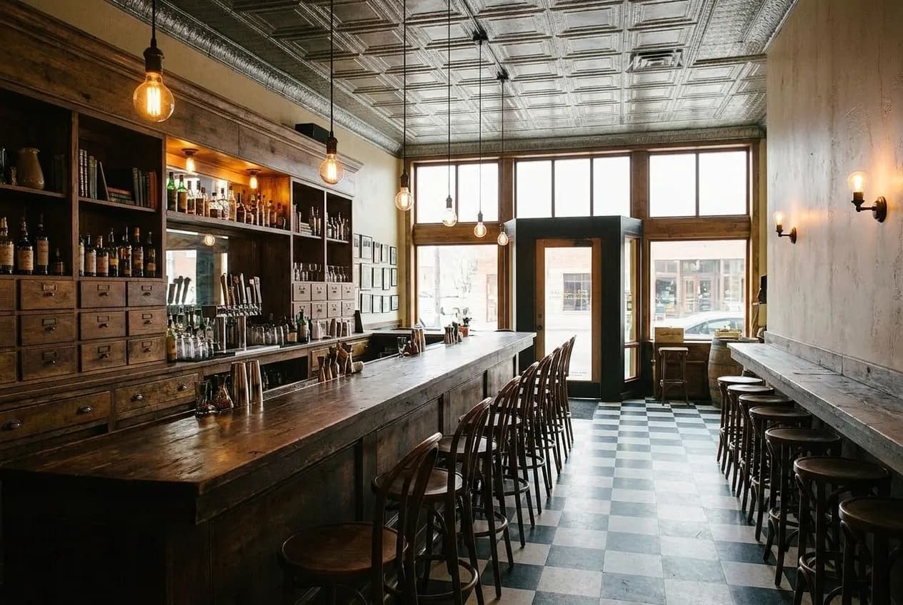 A long wooden bar with tall shelving in a converted old shop interior