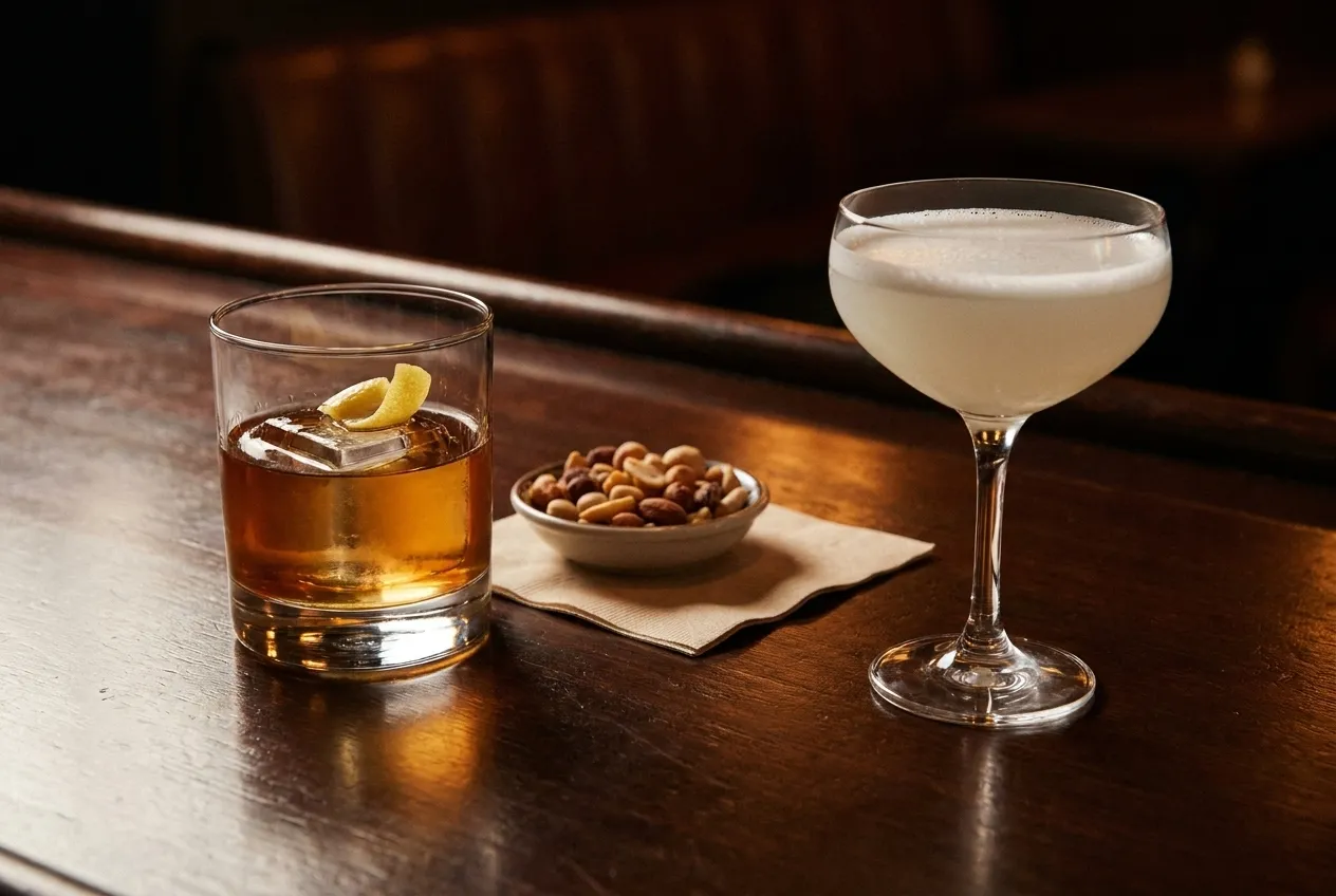 Two cocktails on a dark wooden bar top