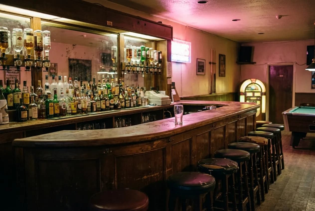 A curved wooden bar under warm low light with stools, bottles on the back shelf and a jukebox glow at the far end