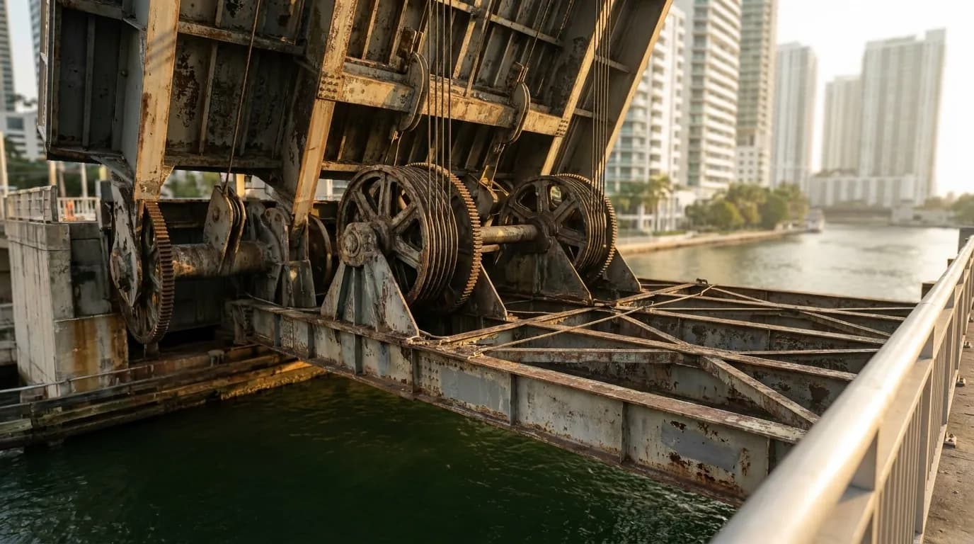 Brickell Avenue bridge mechanism over Miami River during opening