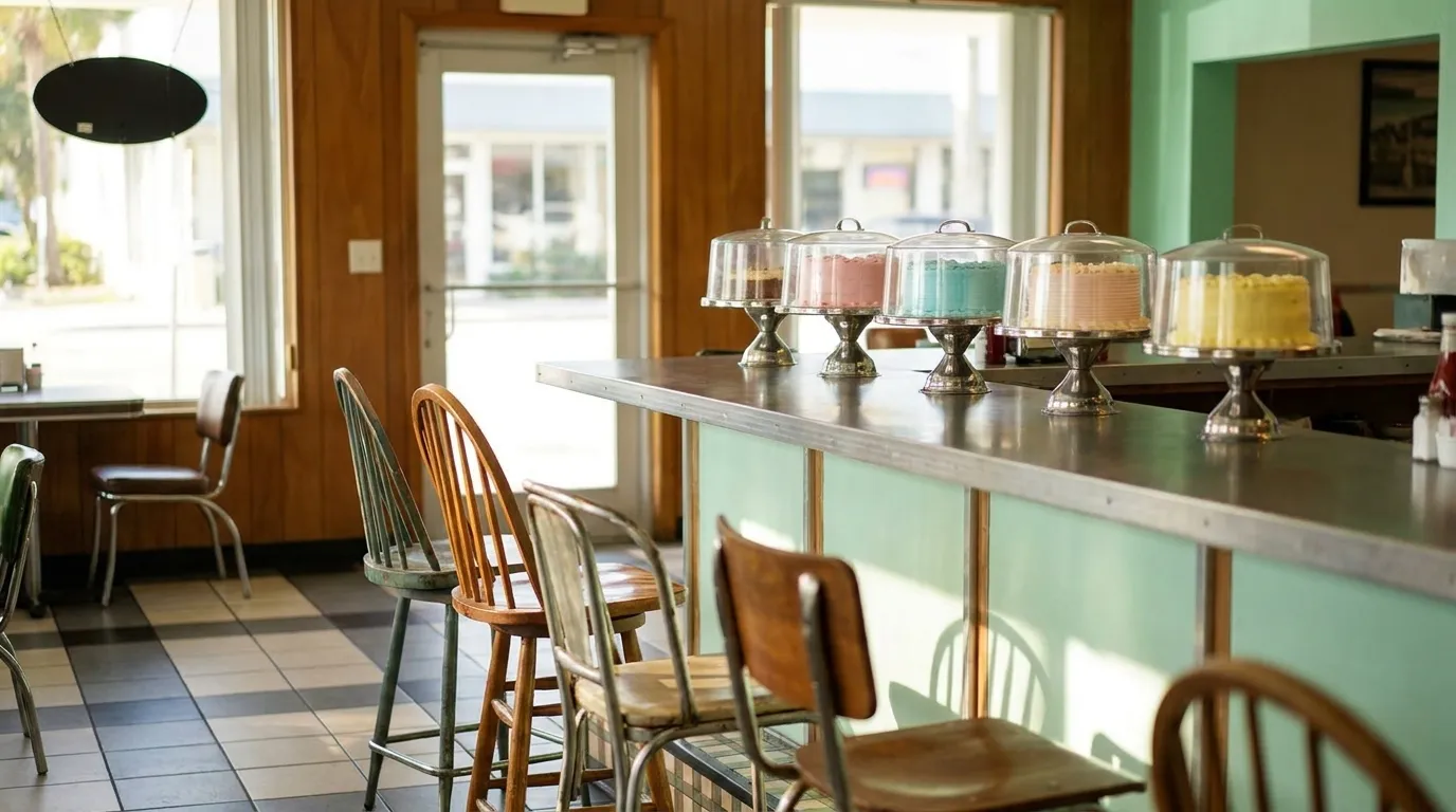 Bright, colorful café interior in Little Haiti with pastel cakes on display and vintage seating