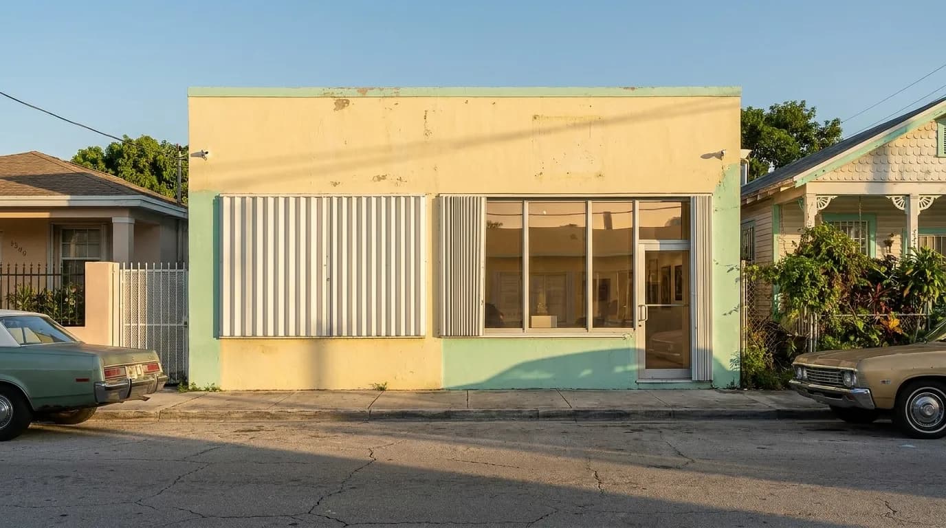 Small independent café storefront on a residential street in Little Haiti, Miami