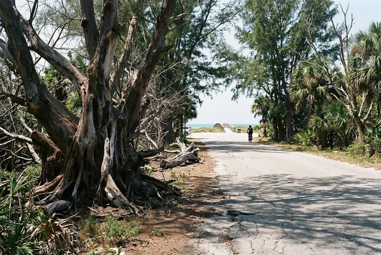 A palm-lined coastal road leading toward a sandy parking area near the southern tip of Key Biscayne