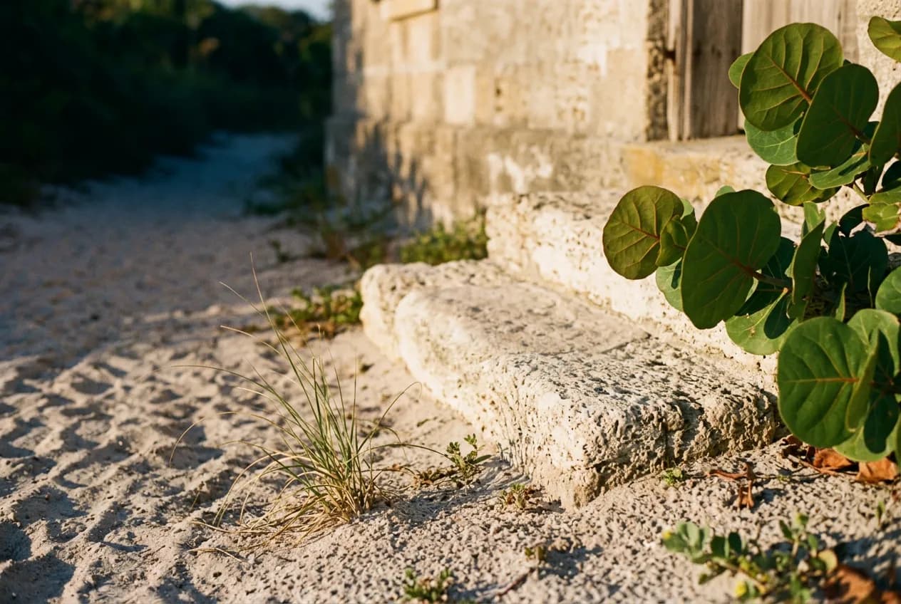 Close-up of a sandy trail edge with sea grape leaves and coquina rock near the keeper's cottage at dusk