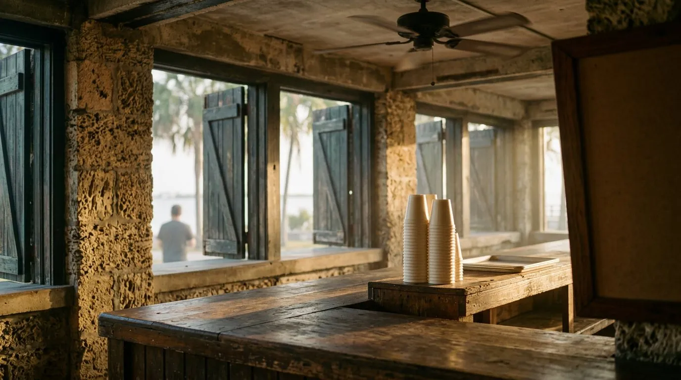 Coral rock counter interior at a park snack bar with afternoon light