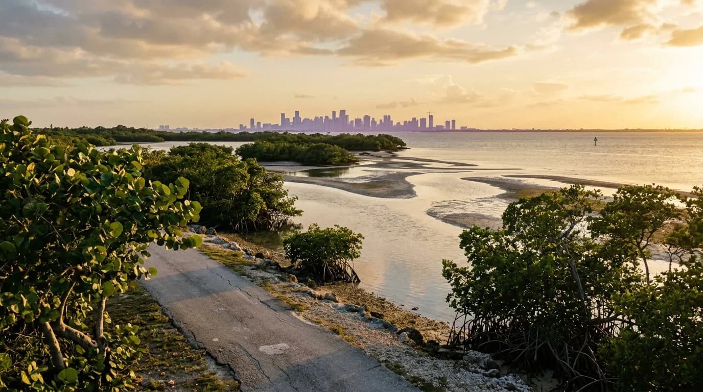 Paved trail winding through mangrove islands toward Biscayne Bay at Oleta River State Park