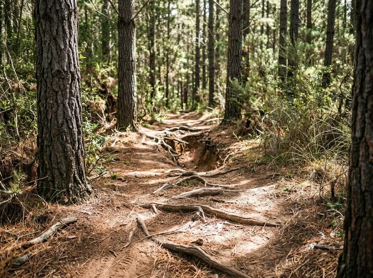 Technical dirt singletrack trail through pine forest at Oleta River State Park