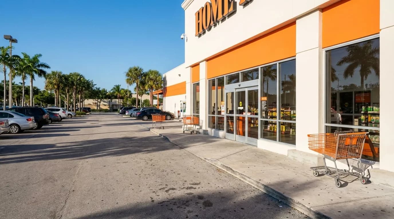Home Depot storefront in Miami with parking lot and palm trees on a sunny morning