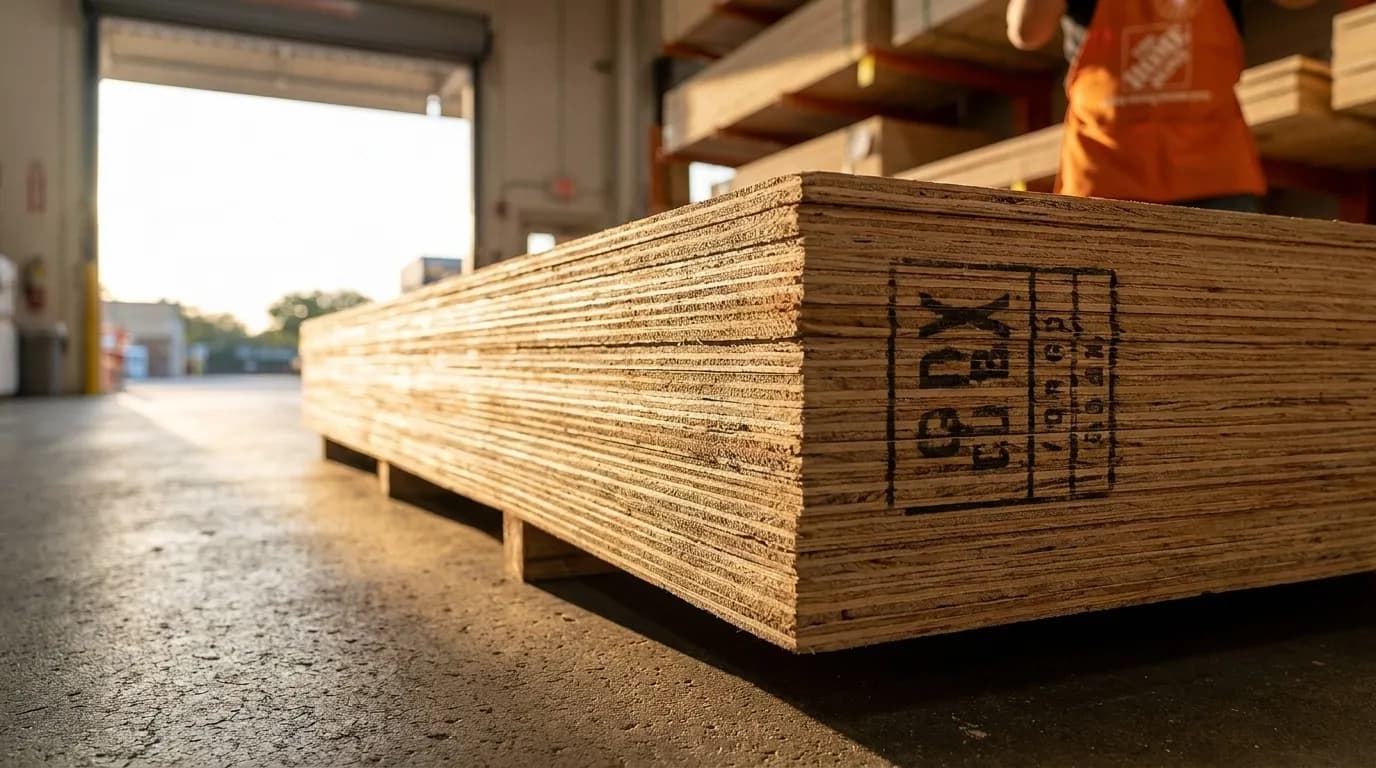 Stack of plywood sheets in a Miami Home Depot lumber section