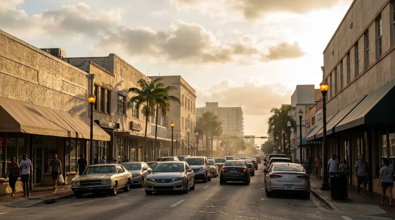Traffic on Flagler Street in Little Havana, Miami, late afternoon