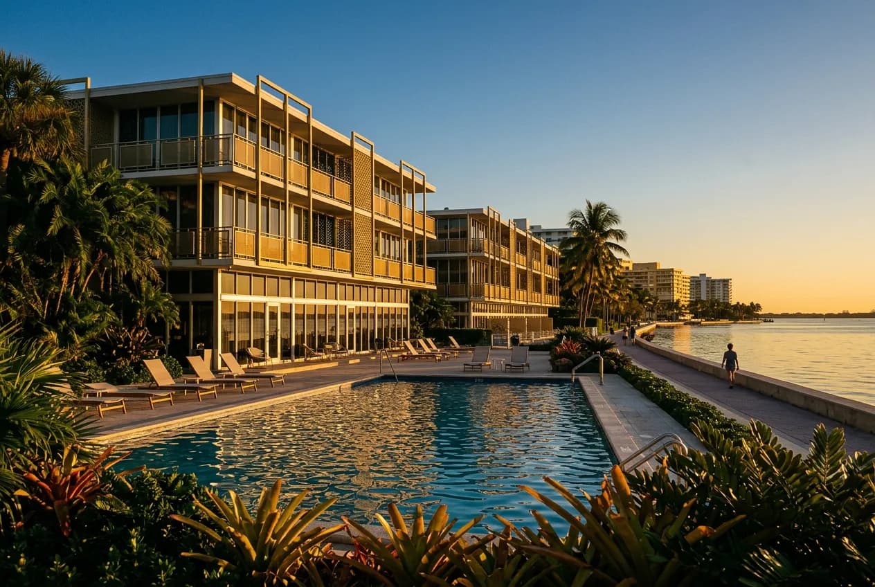 A bayfront infinity pool deck with 1960s glass-fronted architecture and gold accents at golden hour