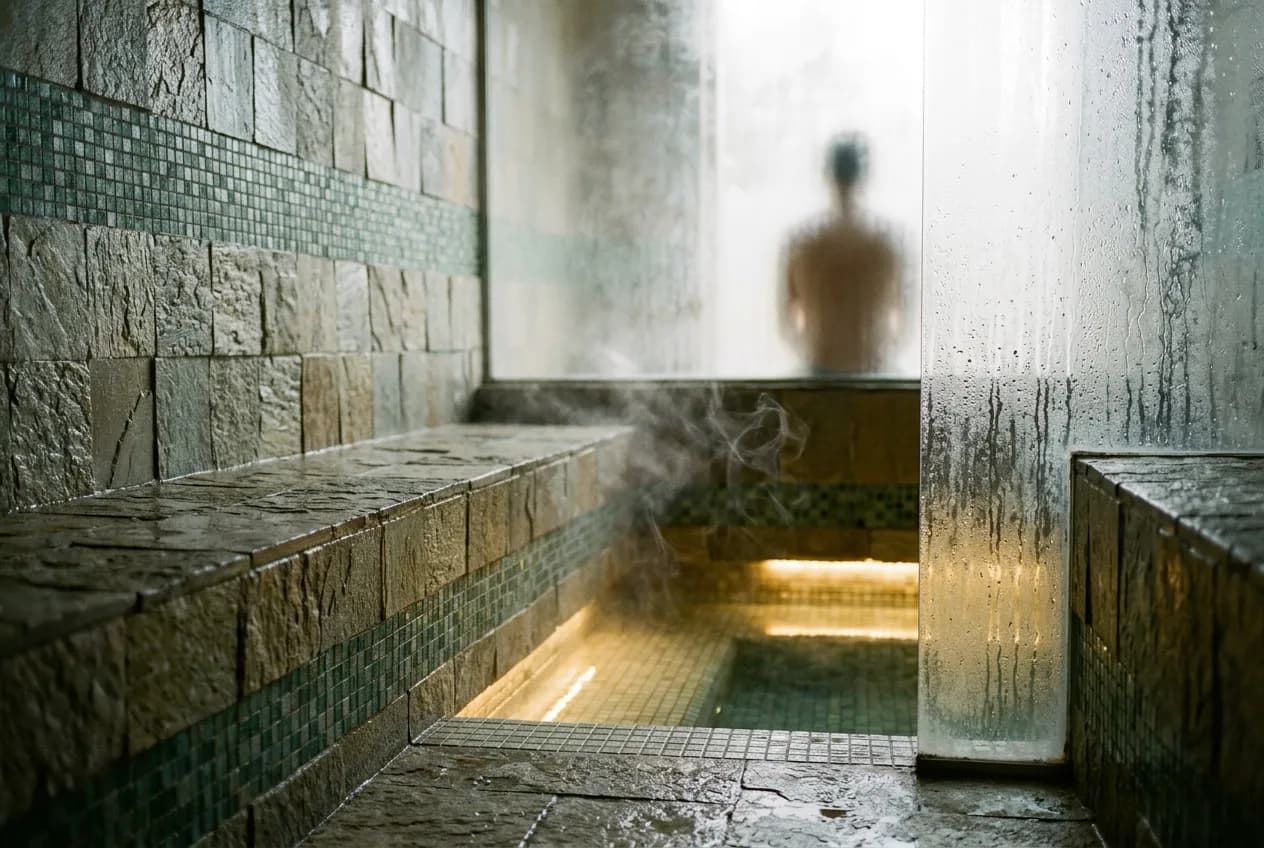 Steam curling through a tiled hydrotherapy room with warm low light and stone surfaces