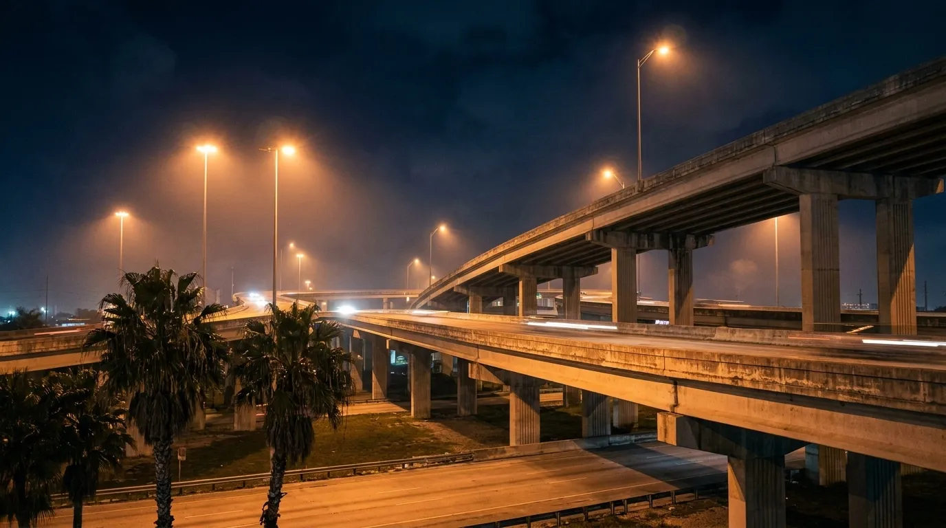 Night view of Miami expressway interchange with orange highway lights and light trails from passing cars