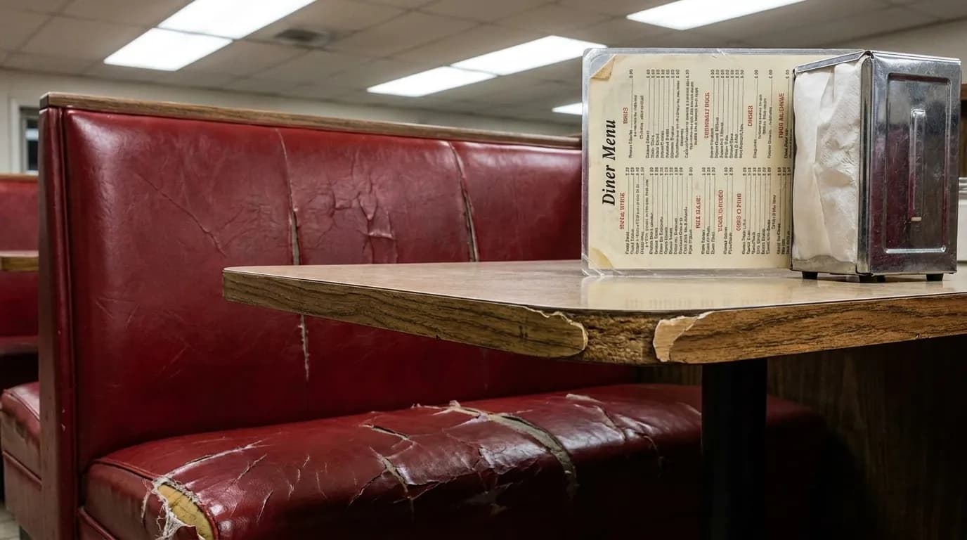 Close-up of worn red vinyl diner booth seat and laminate table in late-night restaurant