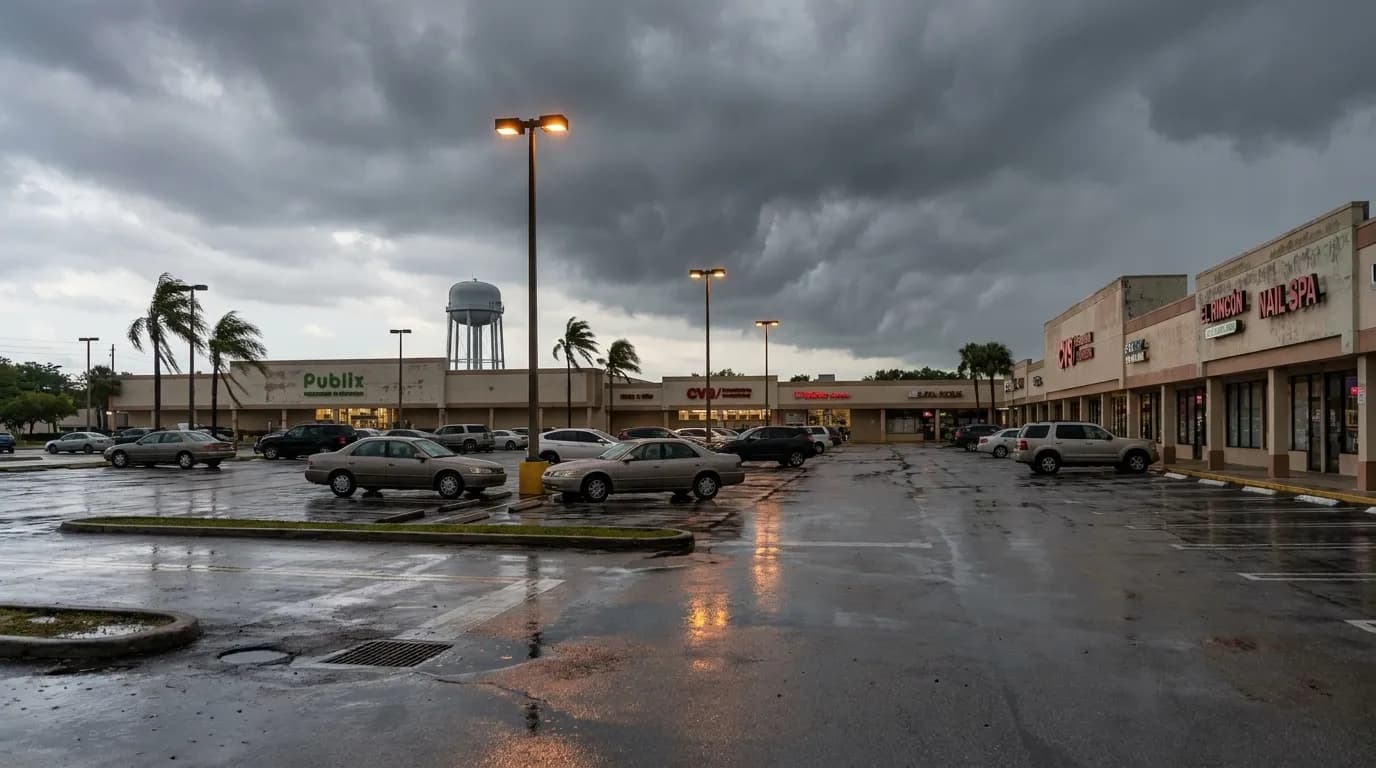 Miami strip mall parking lot with storm clouds gathering and wet pavement reflecting grey sky