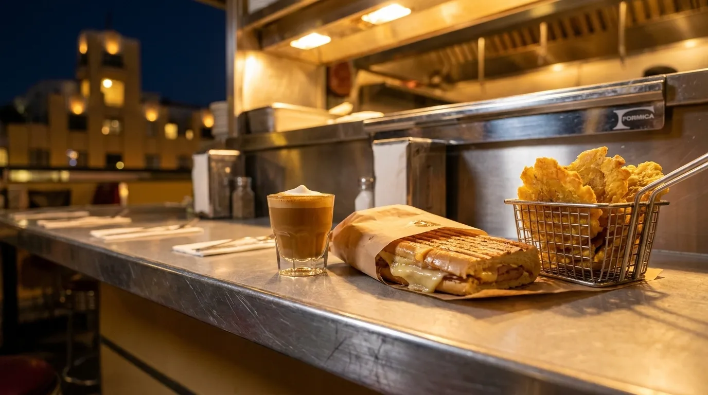 Cuban coffee and sandwich on a Miami diner counter under warm light
