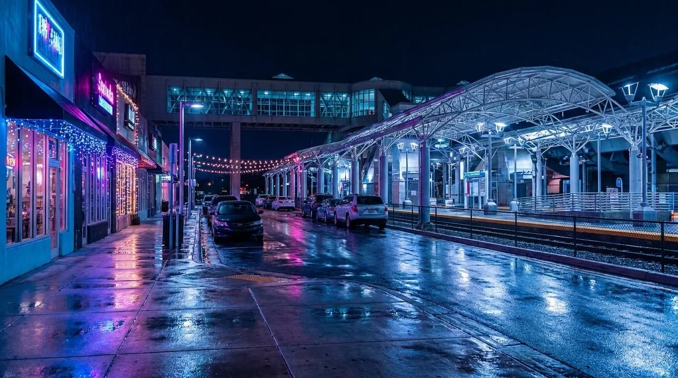 Wynwood street at night with wet pavement and neon reflections