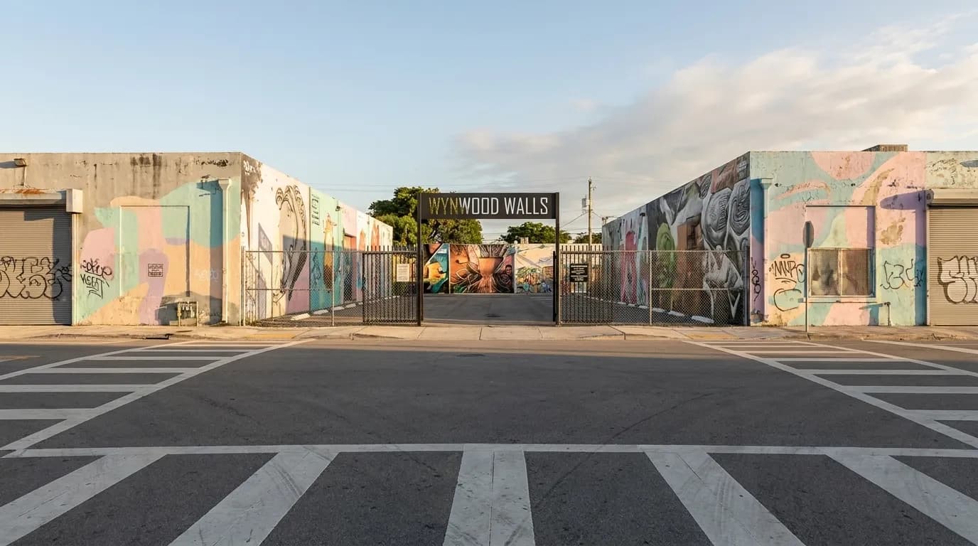Wynwood Walls entrance on North Miami Avenue in early morning light, showing warehouse buildings and painted crosswalk