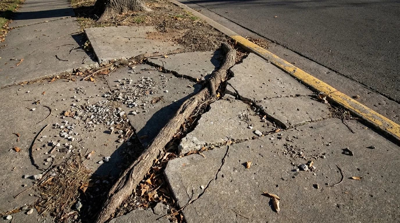Cracked and uneven concrete sidewalk in Wynwood, with tree roots lifting pavement slabs