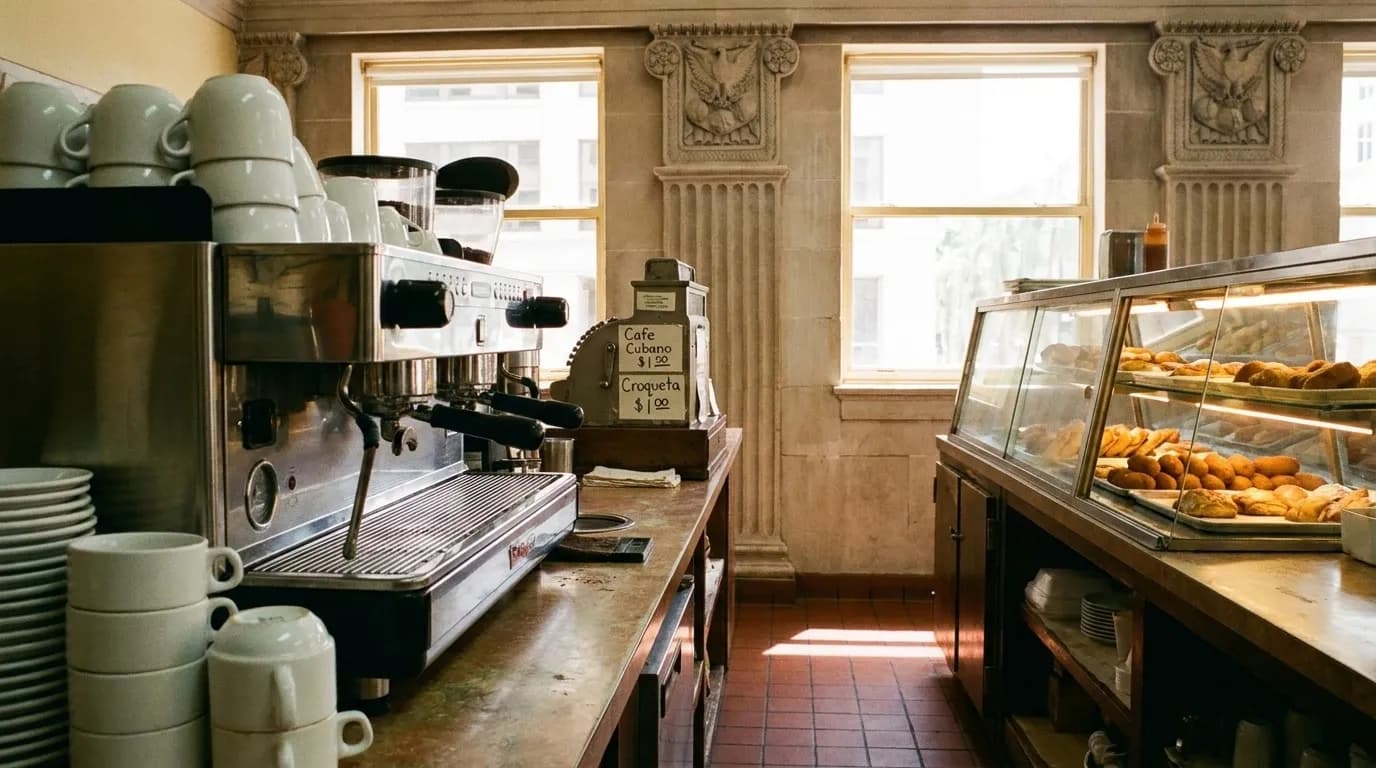 Cuban coffee counter with espresso machine and pastry case on Flagler Street in Downtown Miami